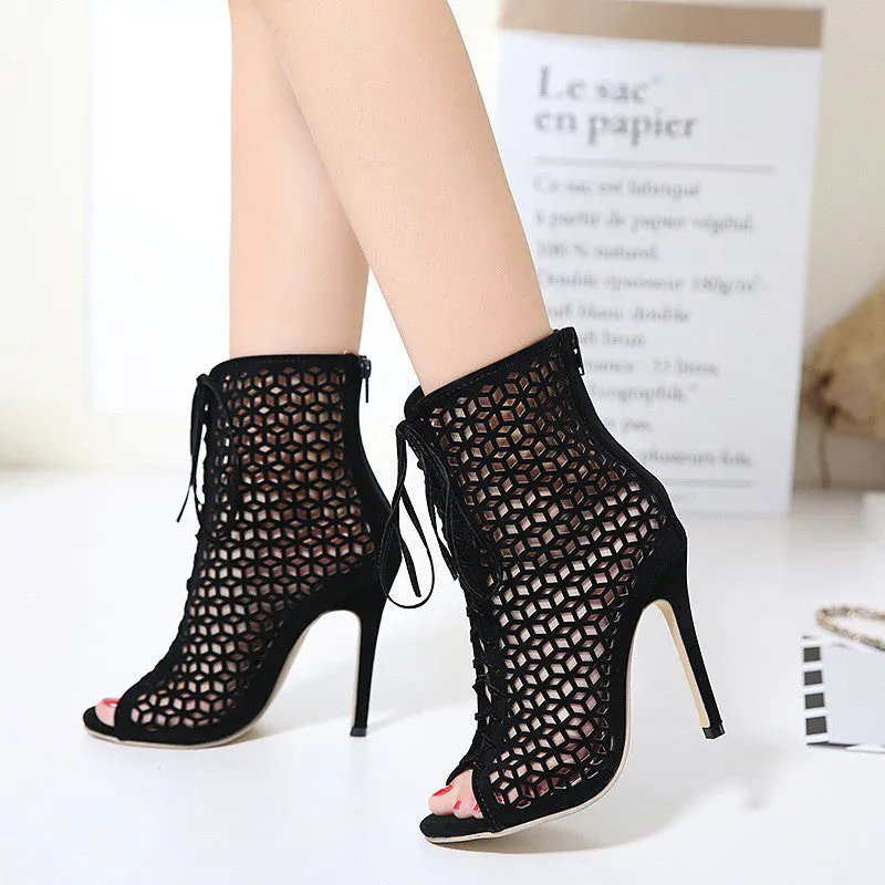 Popular Hollow Out Lace Up Stiletto Heel Sandals