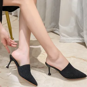 Simple Pointed Toe Kit Heel Cutout Mules Sandals