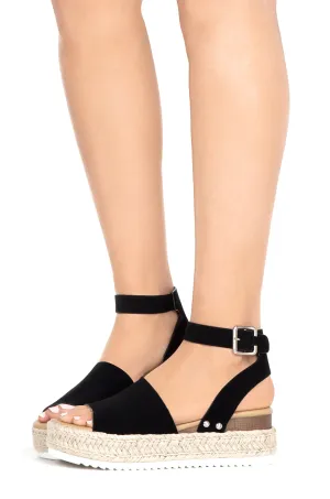 Soda Topic Open Toe Buckle Ankle Strap Espadrilles Flatform Wedge Casual Sandal (6, Black)