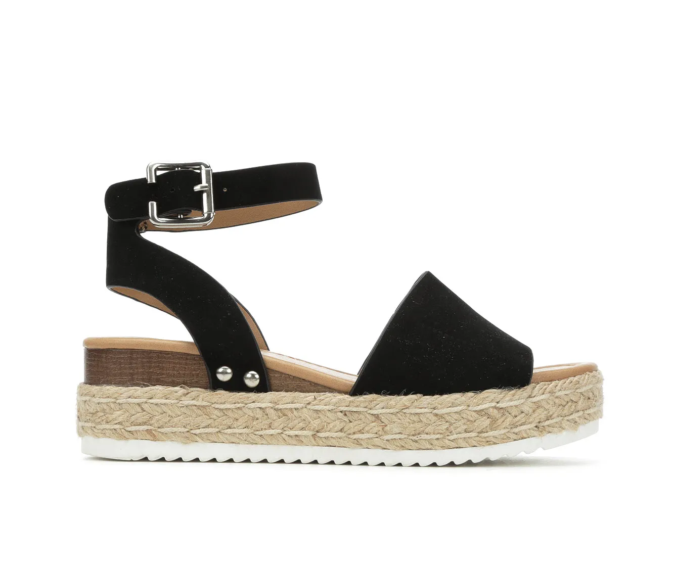 Soda Topic Open Toe Buckle Ankle Strap Espadrilles Flatform Wedge Casual Sandal (6, Black)