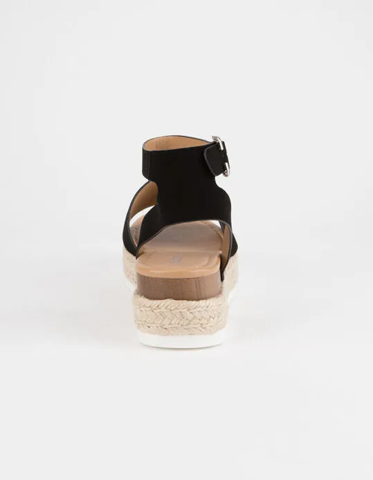 Soda Topic Open Toe Buckle Ankle Strap Espadrilles Flatform Wedge Casual Sandal (6, Black)