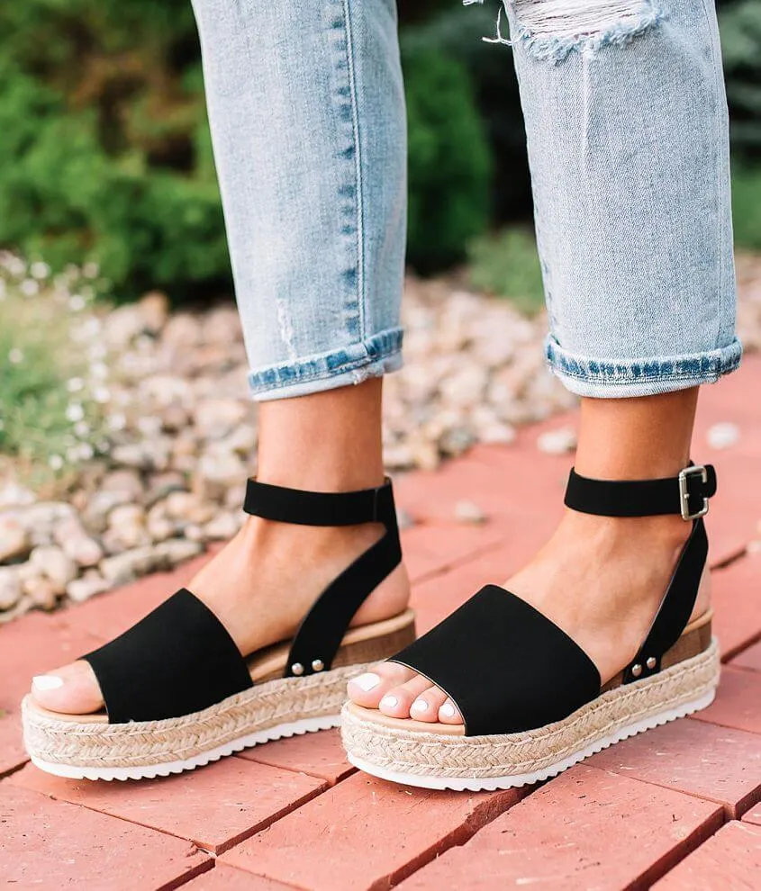 Soda Topic Open Toe Buckle Ankle Strap Espadrilles Flatform Wedge Casual Sandal (6, Black)