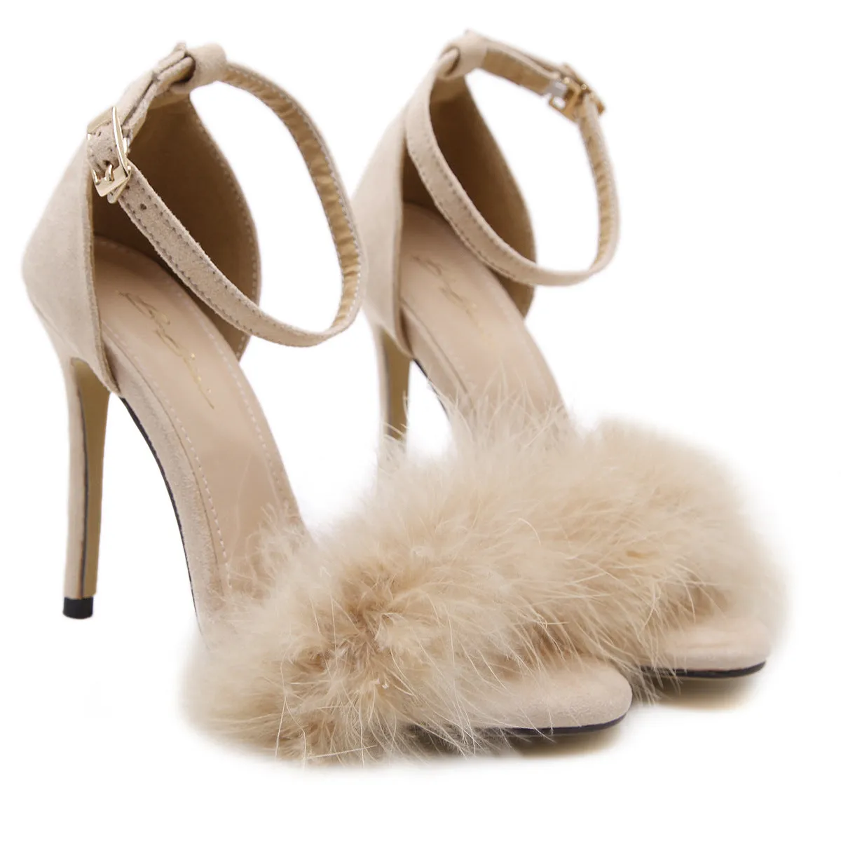 Stiletto PU Heel Peep-toe Fur Decorate Ankle Strap Sandals