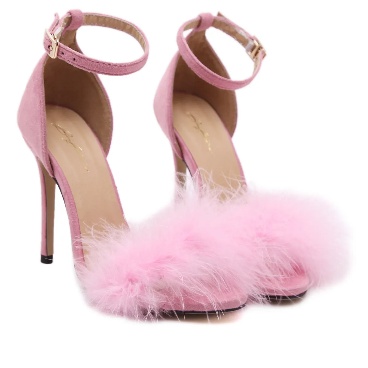 Stiletto PU Heel Peep-toe Fur Decorate Ankle Strap Sandals