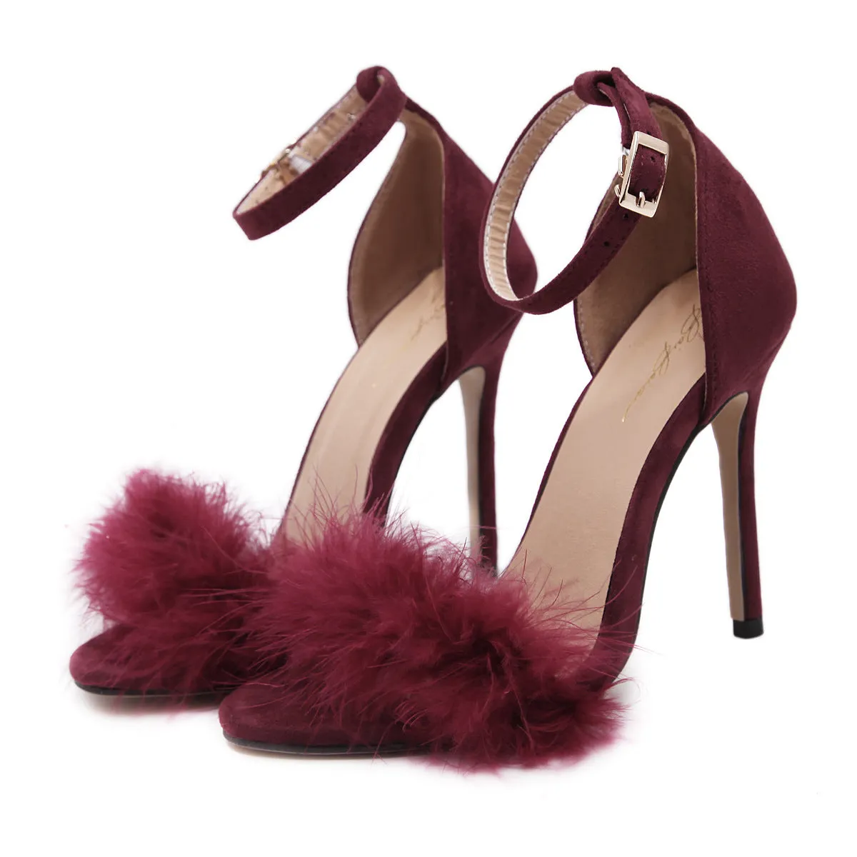 Stiletto PU Heel Peep-toe Fur Decorate Ankle Strap Sandals