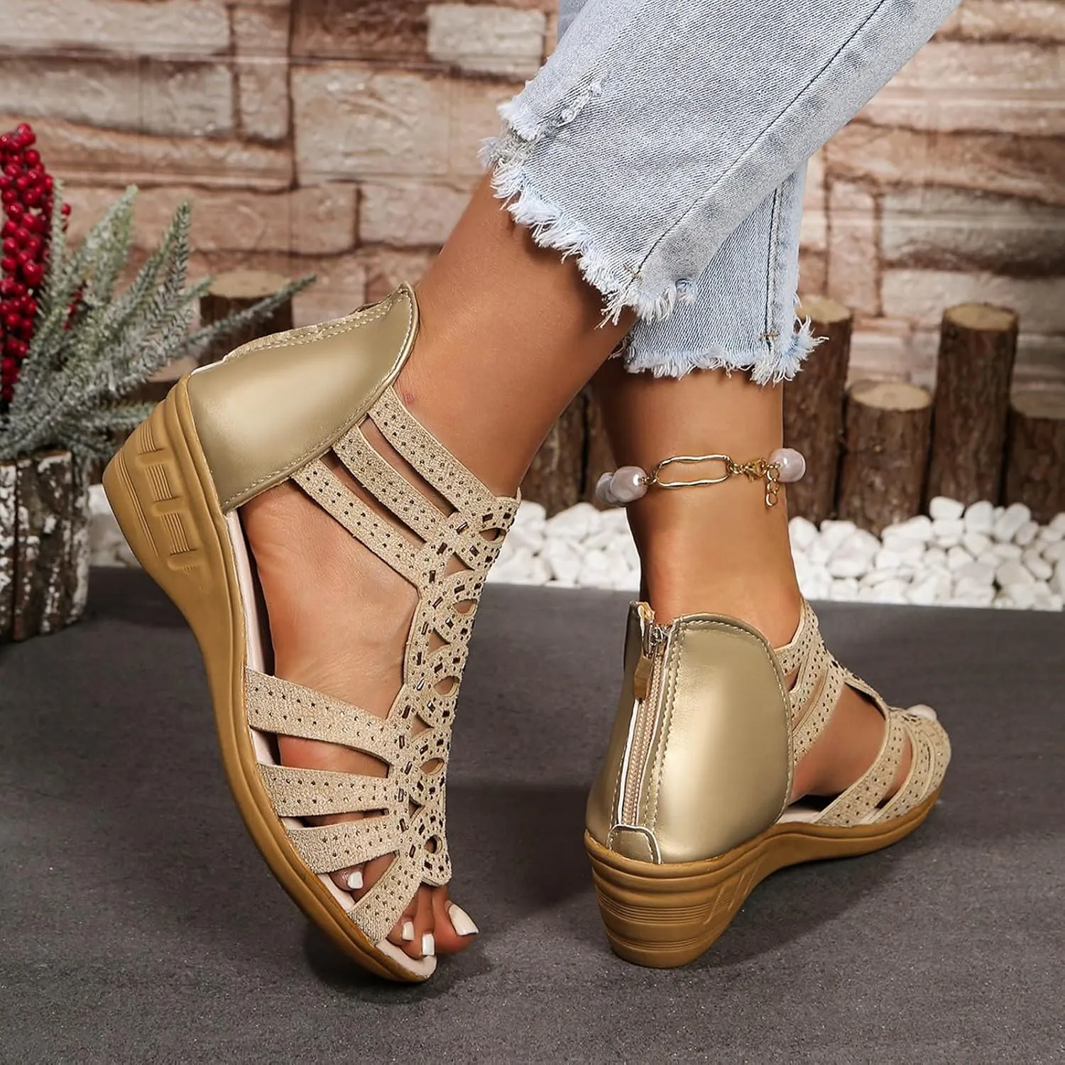 SuanlaTDS Womens Wedge Sandals 2025 Summer Casual Open Toe Beach Back Zipper Hollow Out Roman Gladiat-or Walking Shoes Bohemian Outdoor Comfortable Dressy High Heels Sandal