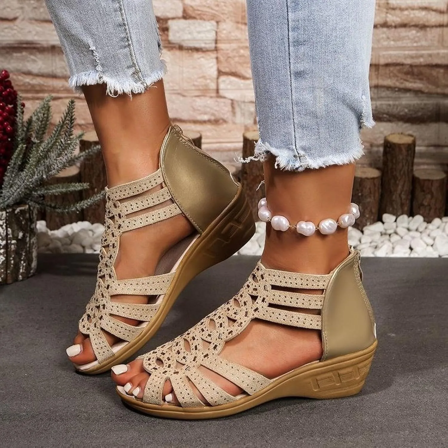 SuanlaTDS Womens Wedge Sandals 2025 Summer Casual Open Toe Beach Back Zipper Hollow Out Roman Gladiat-or Walking Shoes Bohemian Outdoor Comfortable Dressy High Heels Sandal