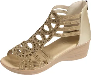 SuanlaTDS Womens Wedge Sandals 2025 Summer Casual Open Toe Beach Back Zipper Hollow Out Roman Gladiat-or Walking Shoes Bohemian Outdoor Comfortable Dressy High Heels Sandal
