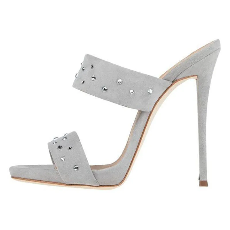 Suede Rhinestone Open Toe High Heel Sandals