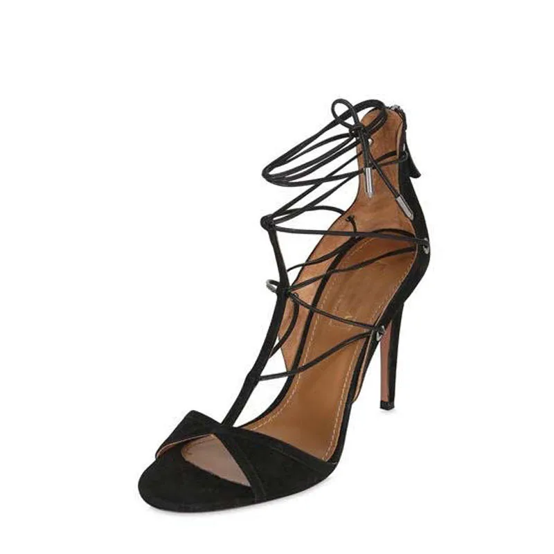 Suede Strap Peep Toe Cutout High Heel Sandals
