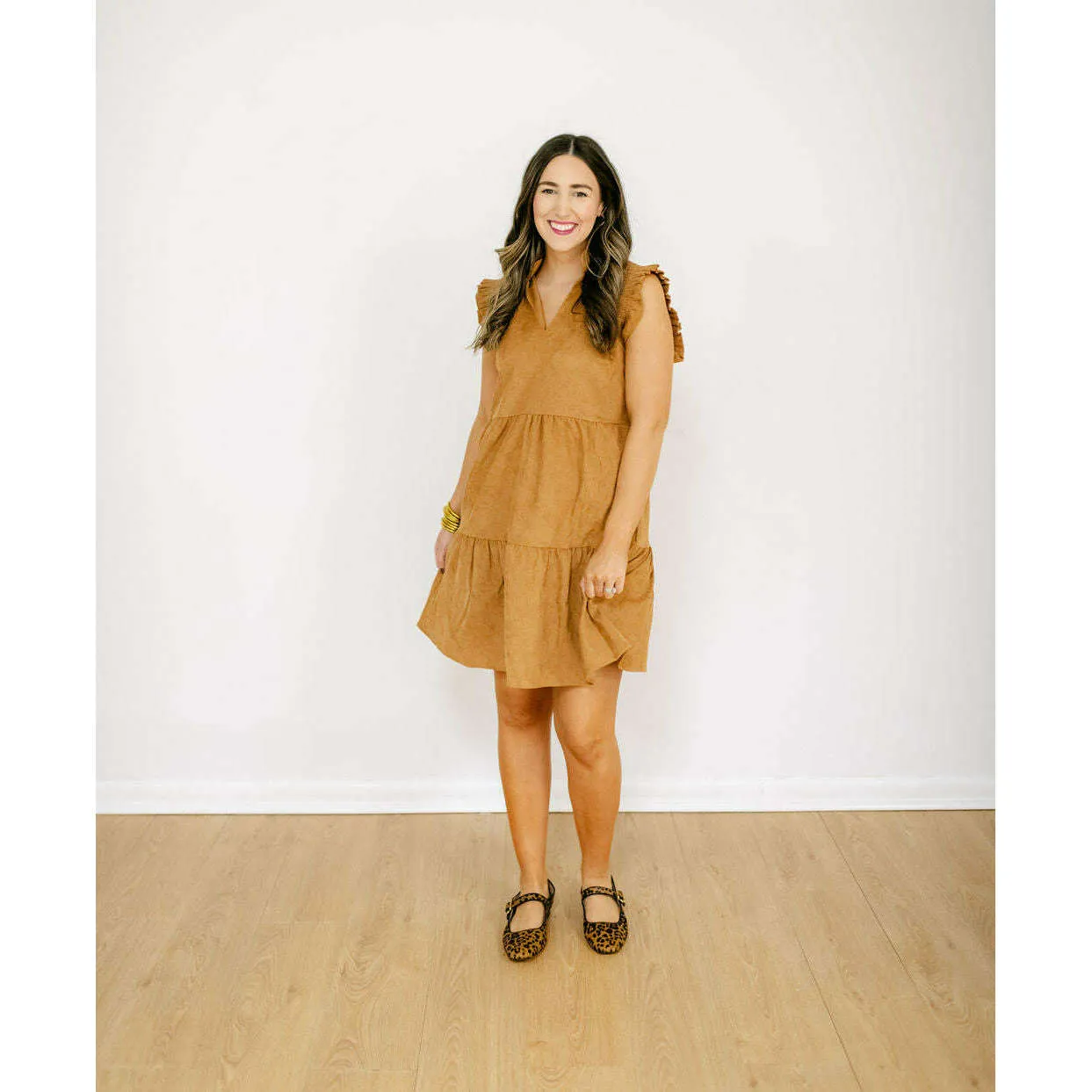 THML Flutter Sleeve Corduroy Midi Dress in Camel