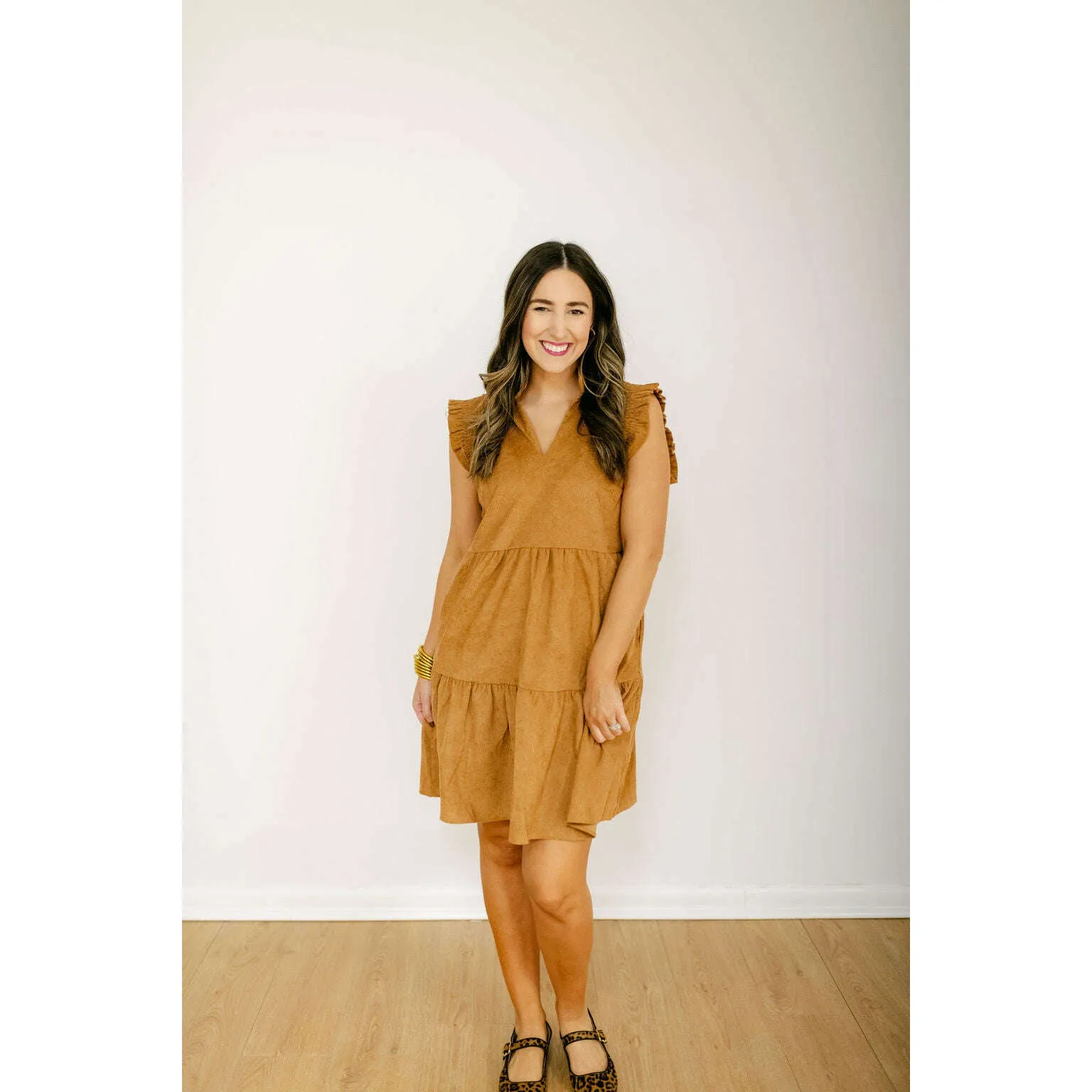 THML Flutter Sleeve Corduroy Midi Dress in Camel