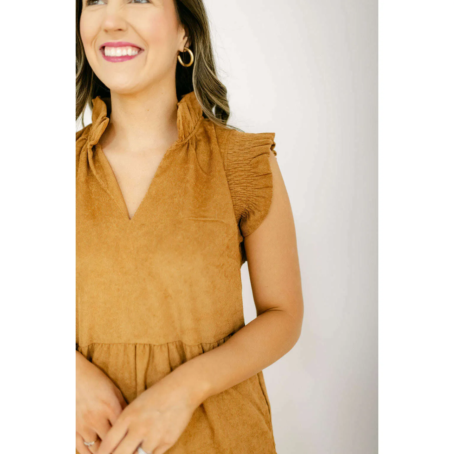 THML Flutter Sleeve Corduroy Midi Dress in Camel