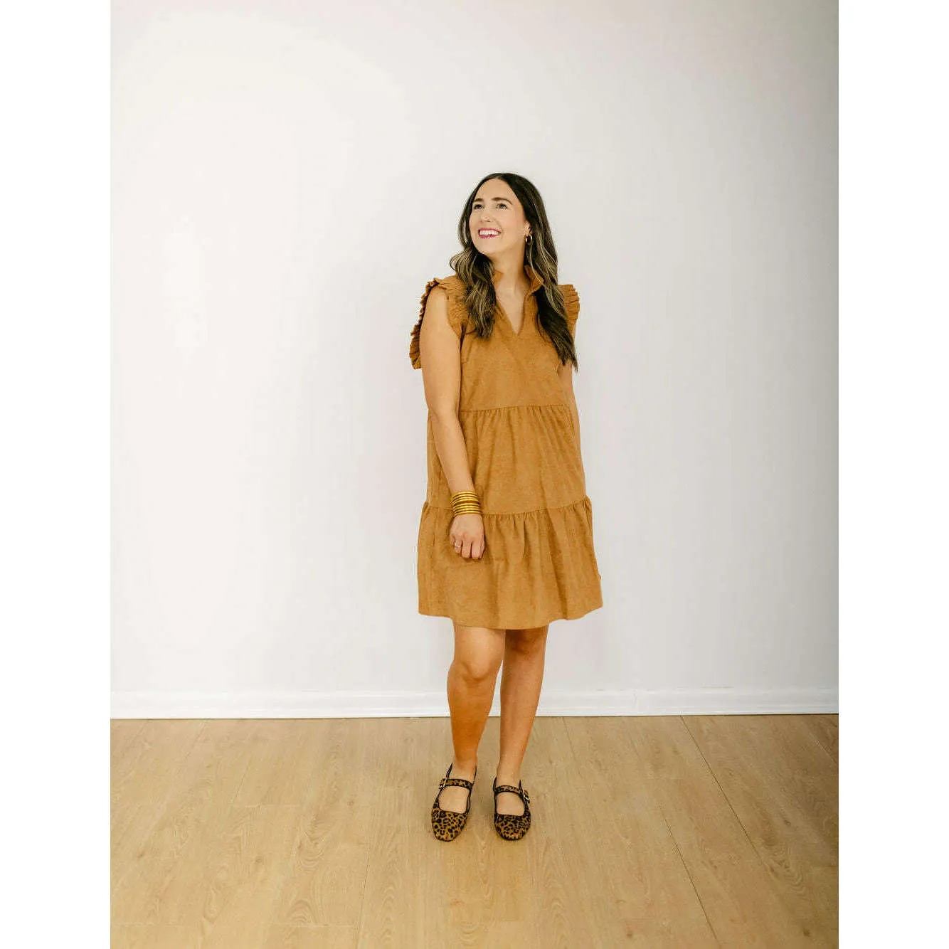 THML Flutter Sleeve Corduroy Midi Dress in Camel