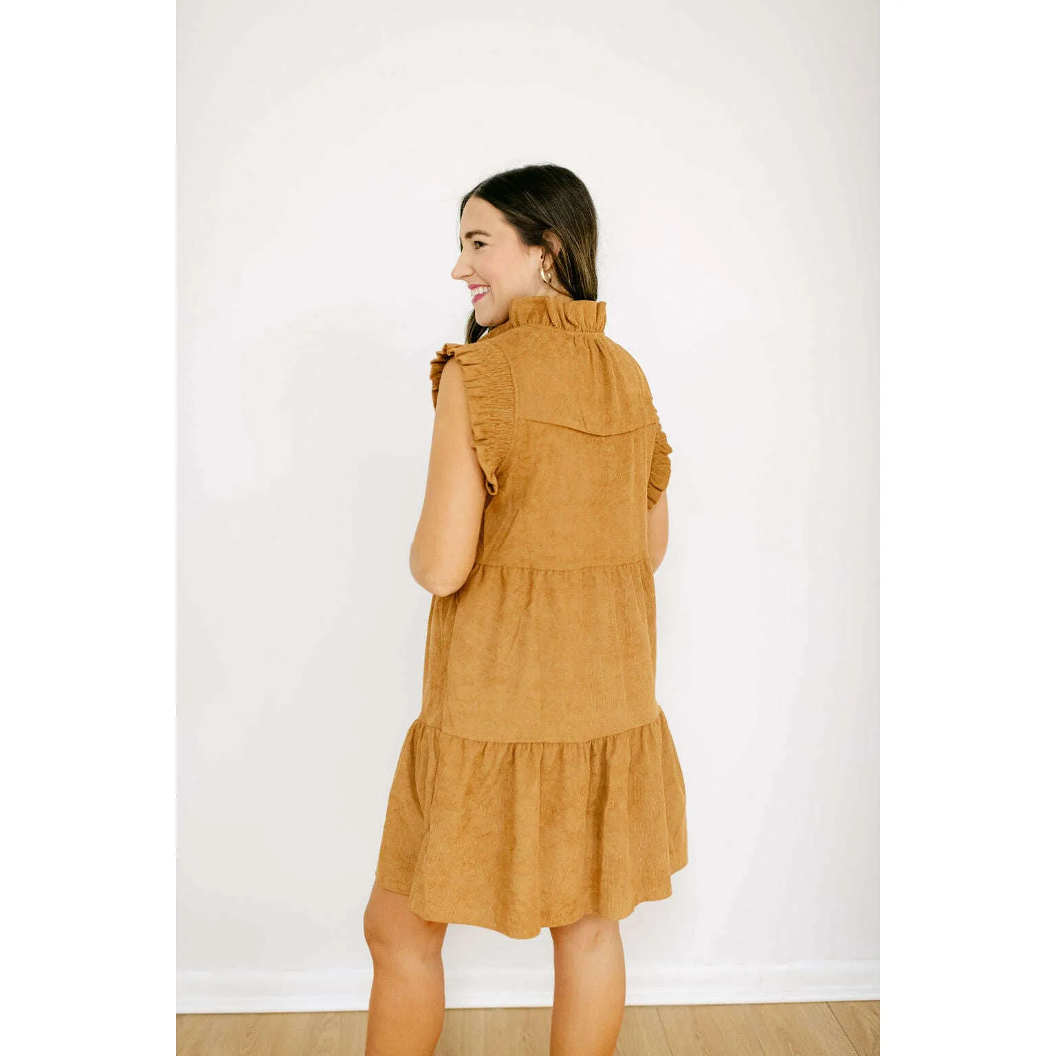 THML Flutter Sleeve Corduroy Midi Dress in Camel