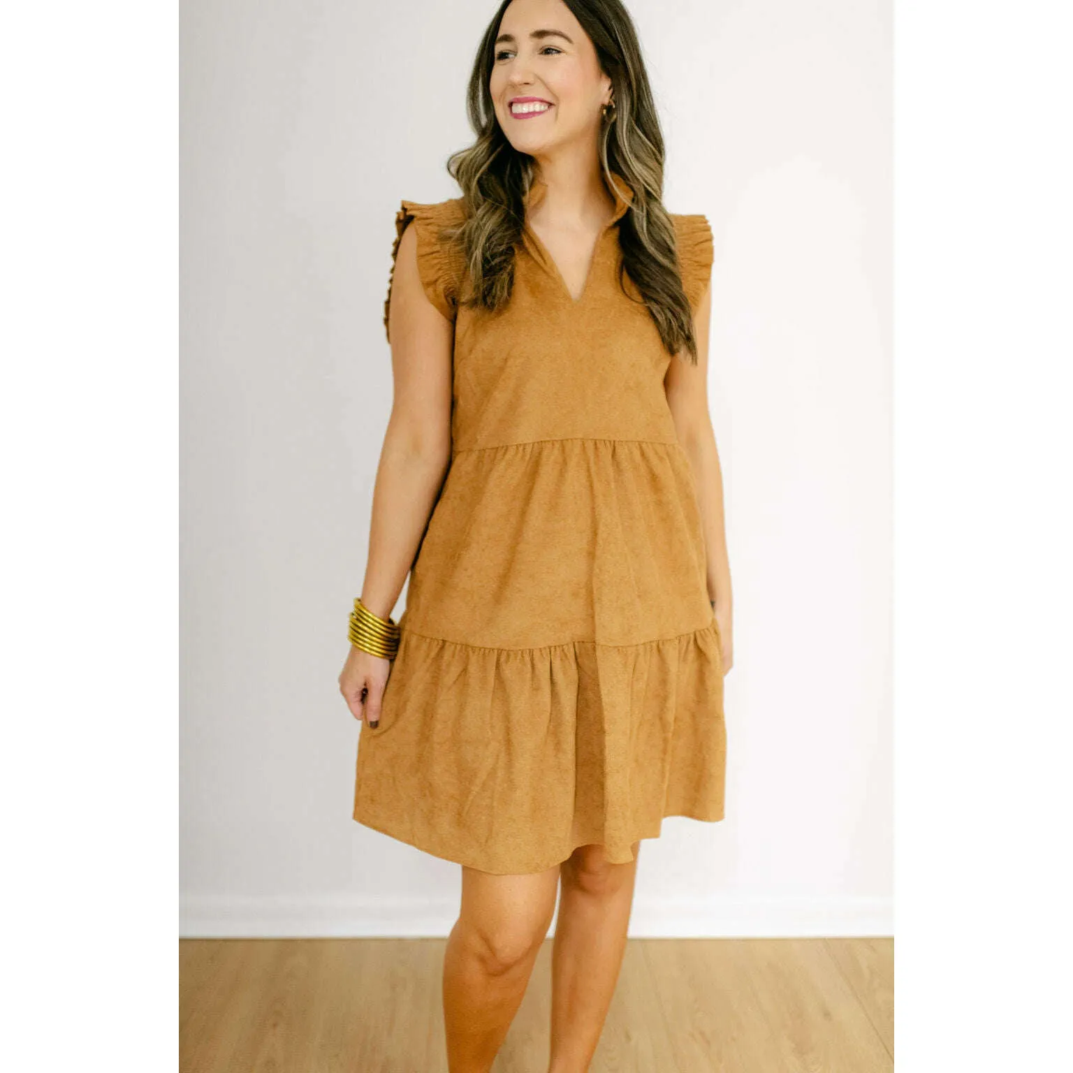 THML Flutter Sleeve Corduroy Midi Dress in Camel