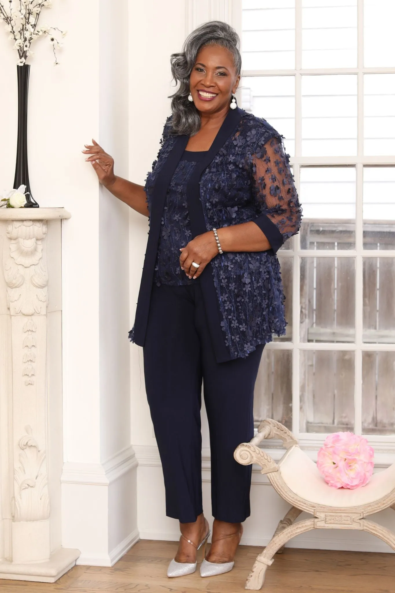 Women Plus Size Two-Piece 3D Flower Embellished Pant Set