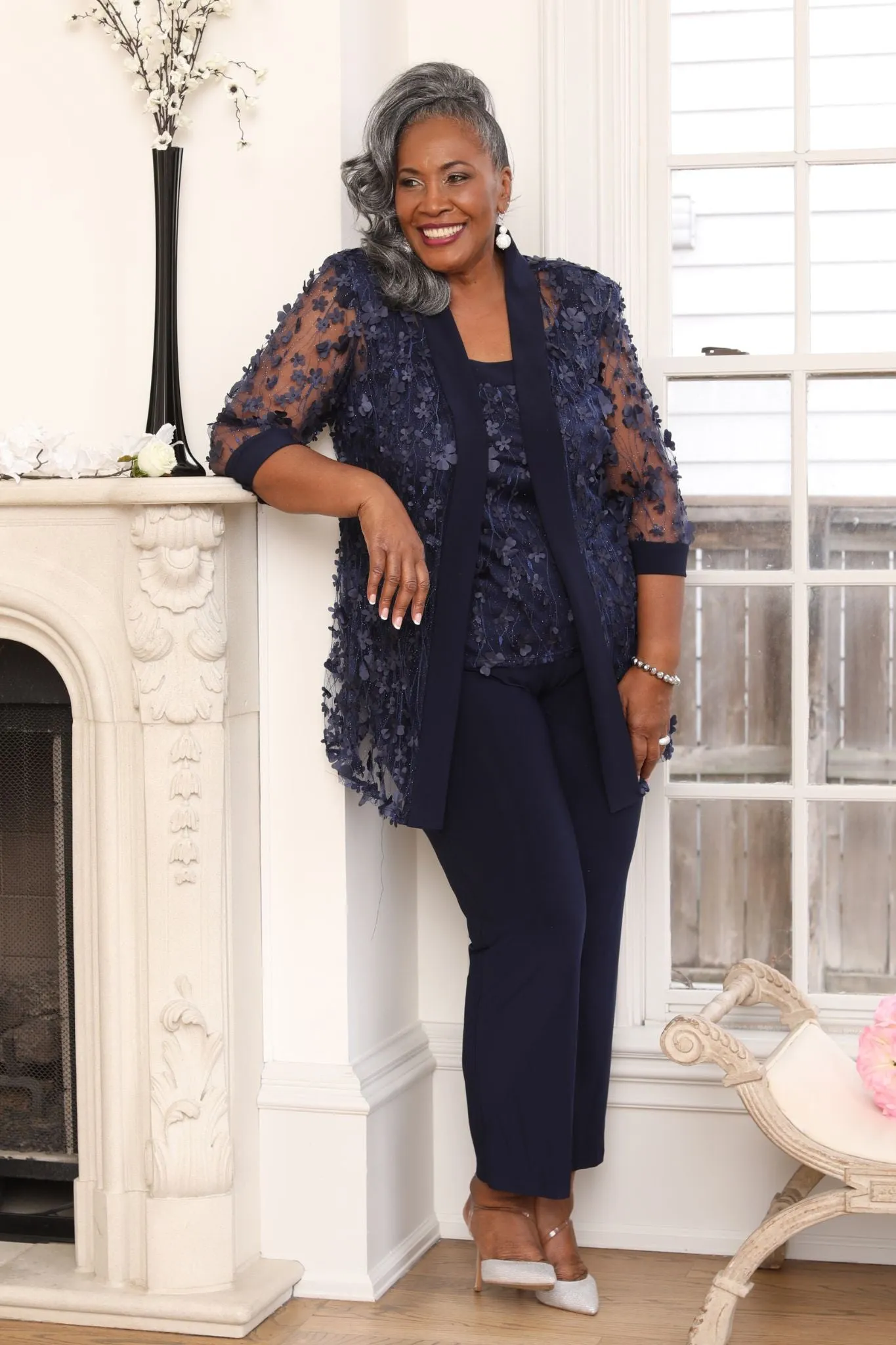 Women Plus Size Two-Piece 3D Flower Embellished Pant Set