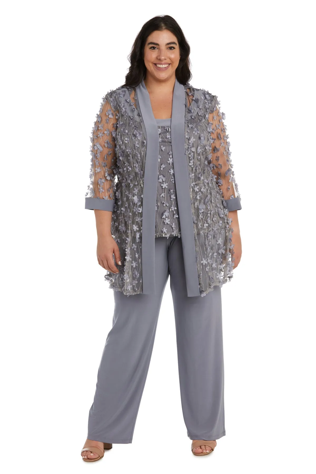 Women Plus Size Two-Piece 3D Flower Embellished Pant Set