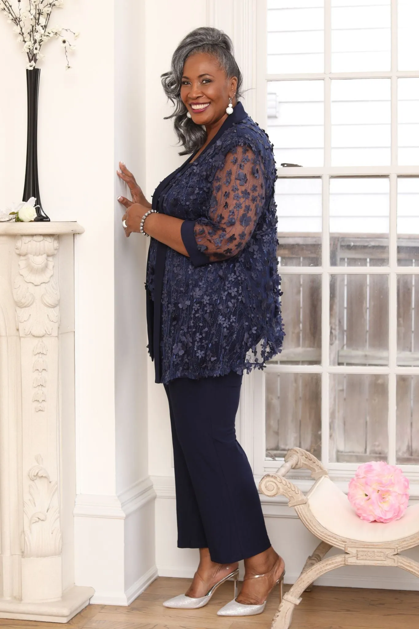 Women Plus Size Two-Piece 3D Flower Embellished Pant Set