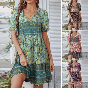 Women's Bohemian Dress - V-Neck - Short Puffed Sleeves - Flowy Empire Waist