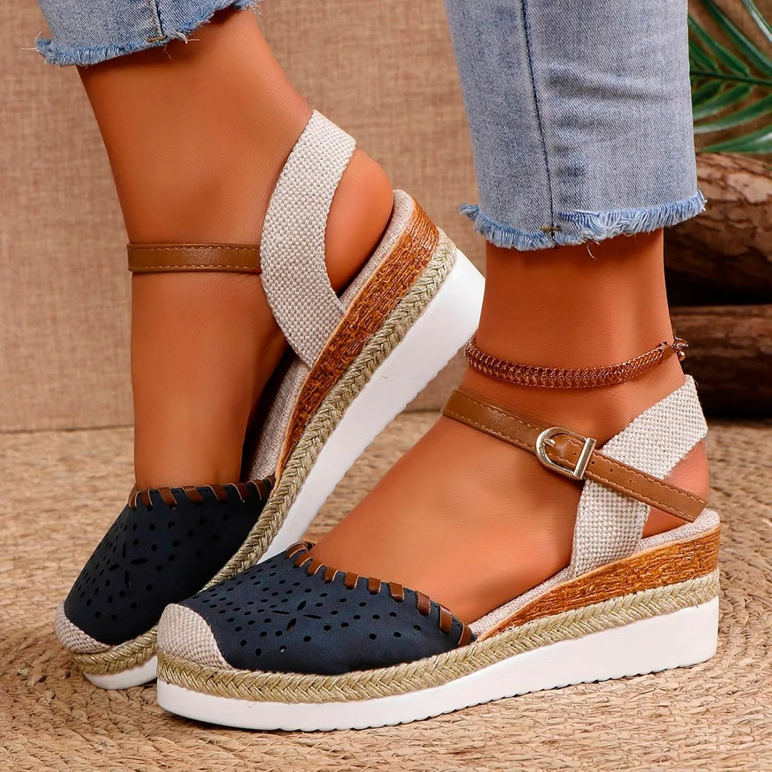 Womens Platform Sandals Elastic Ankle Strap Open Toe Flower Shoes Sandals for Women Wedges Open Toe Beach Sandals