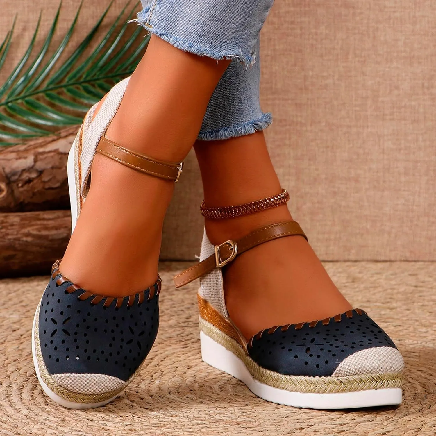 Womens Platform Sandals Elastic Ankle Strap Open Toe Flower Shoes Sandals for Women Wedges Open Toe Beach Sandals