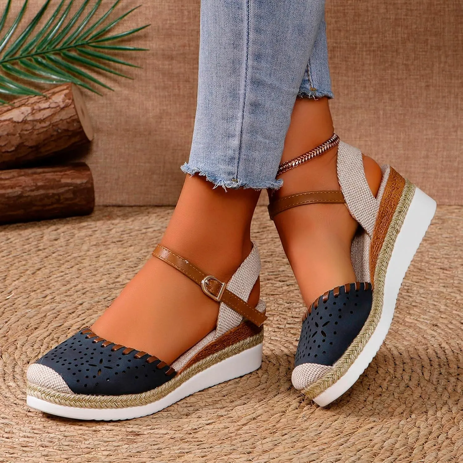 Womens Platform Sandals Elastic Ankle Strap Open Toe Flower Shoes Sandals for Women Wedges Open Toe Beach Sandals