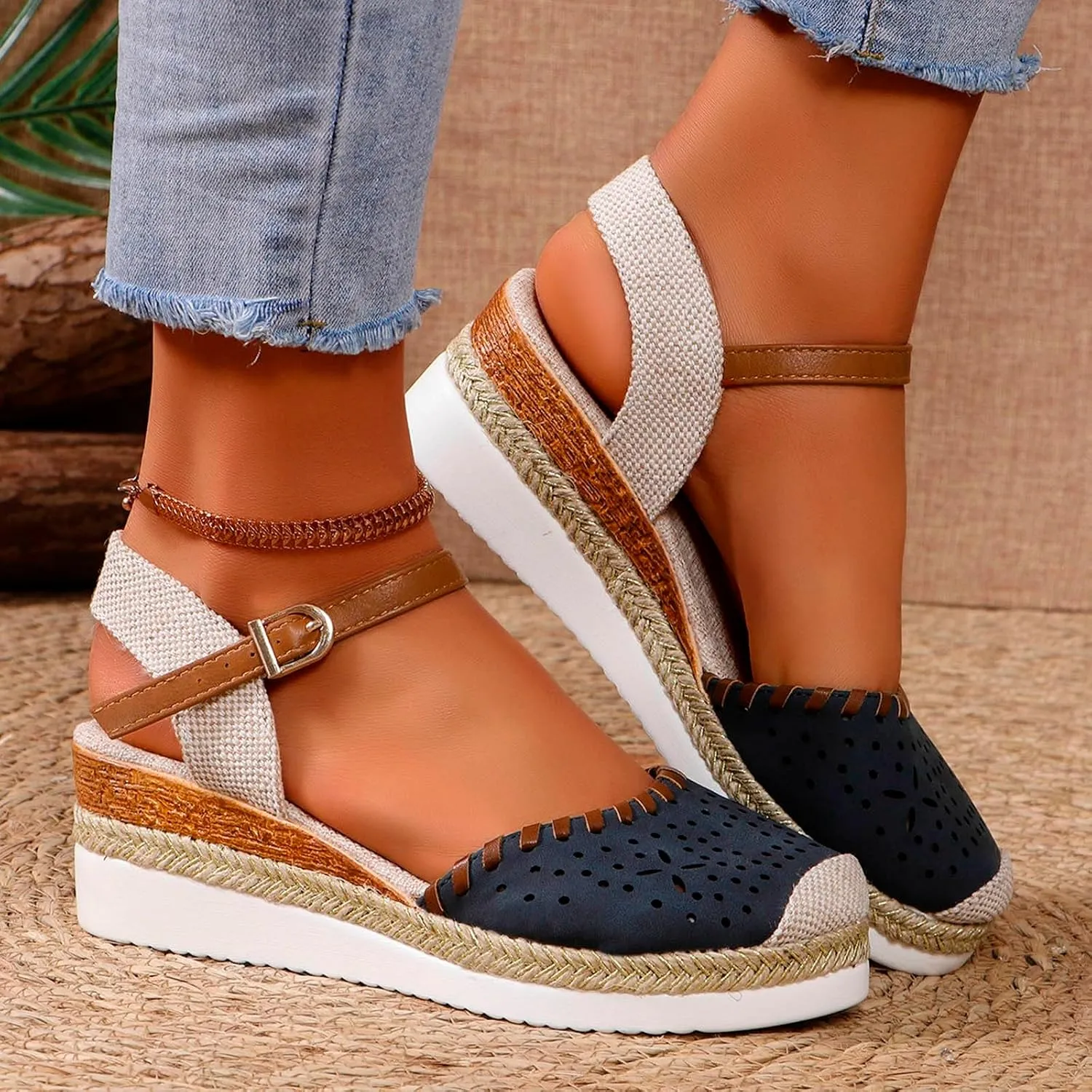 Womens Platform Sandals Elastic Ankle Strap Open Toe Flower Shoes Sandals for Women Wedges Open Toe Beach Sandals