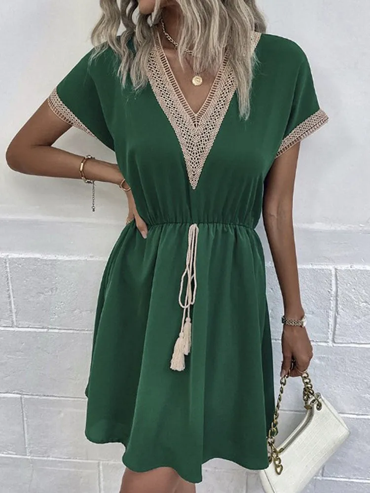 Women's Short Dress - V-Neck Crochet Detail - Elastic Waist with Tassel Tie - Flowy Fabric