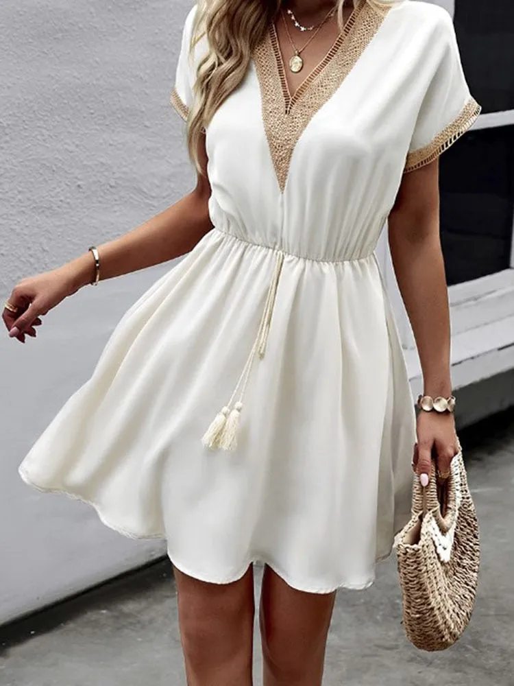 Women's Short Dress - V-Neck Crochet Detail - Elastic Waist with Tassel Tie - Flowy Fabric