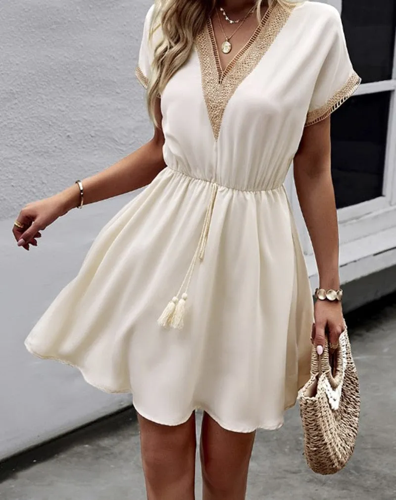 Women's Short Dress - V-Neck Crochet Detail - Elastic Waist with Tassel Tie - Flowy Fabric
