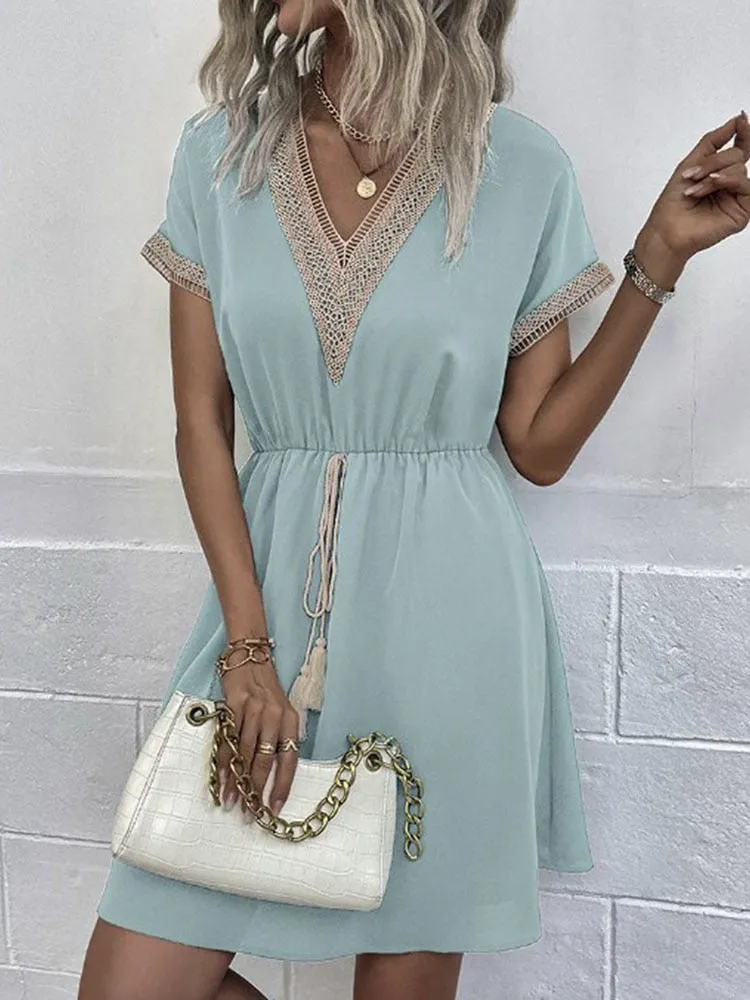 Women's Short Dress - V-Neck Crochet Detail - Elastic Waist with Tassel Tie - Flowy Fabric