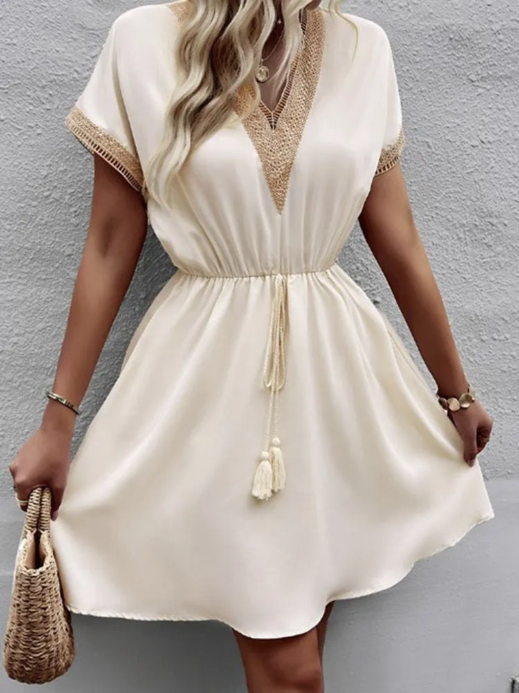 Women's Short Dress - V-Neck Crochet Detail - Elastic Waist with Tassel Tie - Flowy Fabric